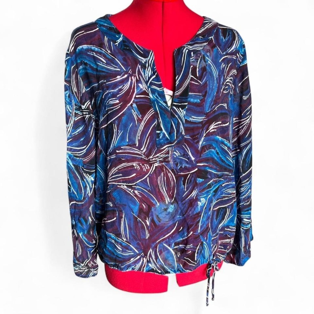 Chico's Silk Blue Red & Purple Abstract Print Blouse Tie Detail Large